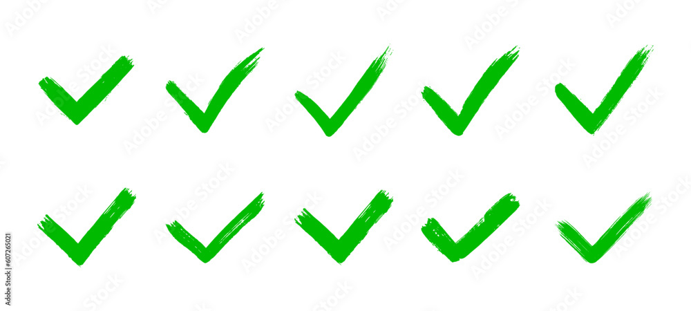 Dirty grunge hand drawn tick v with brush strokes vector illustration set isolated on white background mark graphic design. Check mark symbol YES button for vote in check box, web, etc. Dirty grunge hand drawn tick v with brush strokes vector illustration set isolated on white background mark graphic design. Check mark symbol YES button for vote in check box, web, etc.