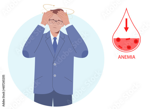 Man suffers from anemia and dizziness. Low hemoglobin, iron deficiency. Concept of health protection