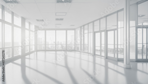 Office blurry background. blurred in office interior space. Glassy window of modern office building. Modern business, commercial real estate backdrop. Generative AI