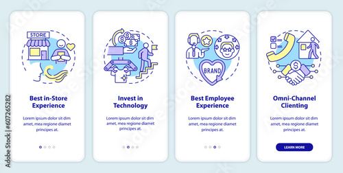 Retail trends onboarding mobile app screen. Shopping store walkthrough 4 steps editable graphic instructions with linear concepts. UI, UX, GUI template. Myriad Pro-Bold, Regular fonts used