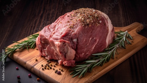 A raw leg of lamb on a wooden chopping  Generative AI