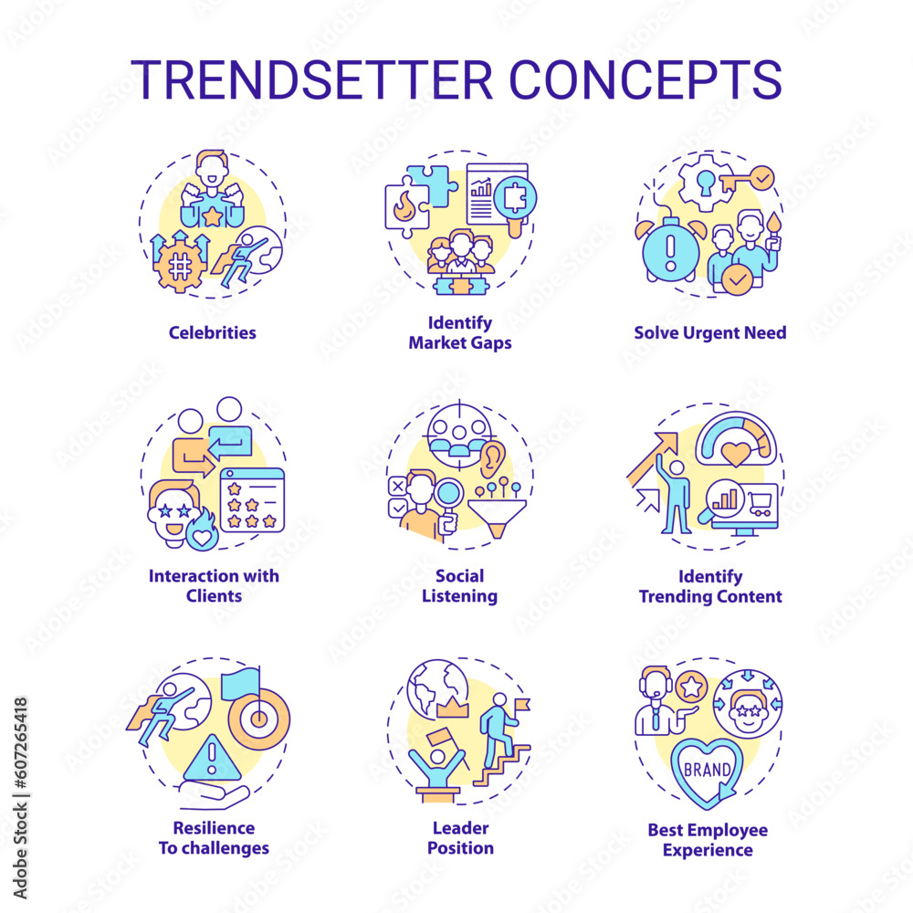 Trendsetter concept icons set. Social media. New approach. Predictive analytics. Marketing strategy. Innovative idea. Trend setter idea thin line color illustrations. Isolated symbols. Editable stroke Trendsetter concept icons set. Social media. New approach. Predictive analytics. Marketing strategy. Innovative idea. Trend setter idea thin line color illustrations. Isolated symbols. Editable stroke