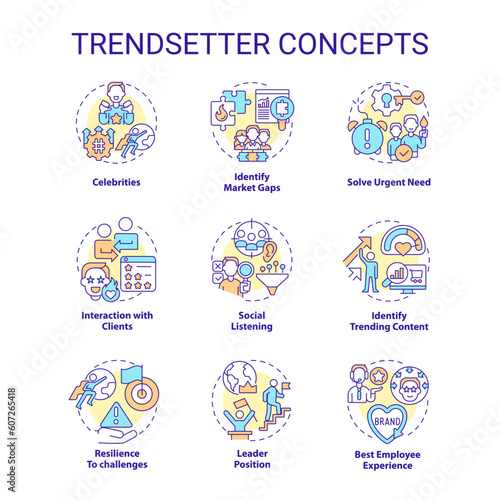 Trendsetter concept icons set. Social media. New approach. Predictive analytics. Marketing strategy. Innovative idea. Trend setter idea thin line color illustrations. Isolated symbols. Editable stroke