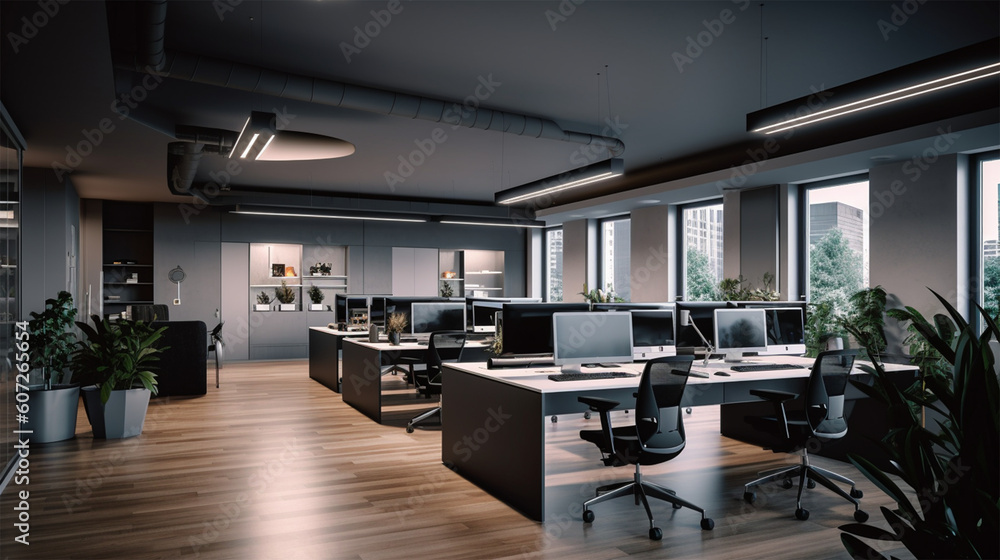 a clean office decorated with black furniture and wooden flooring, in the style of contemporary conceptual, rounded, commission for, light gray, high quality photo, minimalist sets a clean office decorated with black furniture and wooden flooring, in the style of contemporary conceptual, rounded, commission for, light gray, high quality photo, minimalist sets