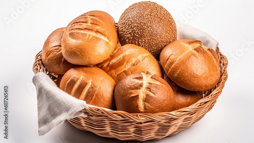 Bread and rolls in wicker basket isolated Generative AI