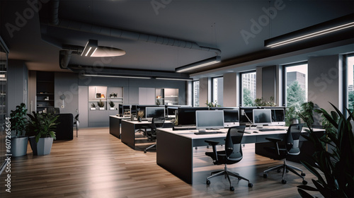 a clean office decorated with black furniture and wooden flooring, in the style of contemporary conceptual, rounded, commission for, light gray, high quality photo, minimalist sets