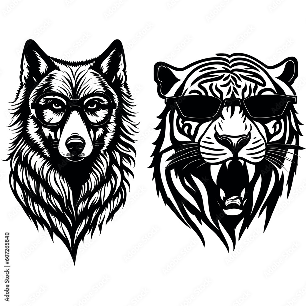 Wolf and tiger in sunglasses. Logo vector illustration. Drawing for a tattoo. T-shirt.  Summertime