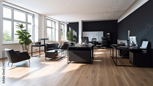 a clean office decorated with black furniture and wooden flooring, in the style of contemporary conceptual, rounded, commission for, light gray, high quality photo, minimalist sets © Miracle