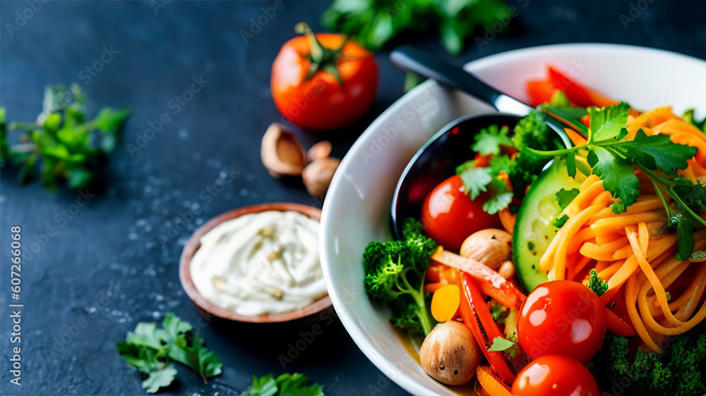 salad with tomatoes and cucumbers served with tartar sauce. Generative AI salad with tomatoes and cucumbers served with tartar sauce. Generative AI