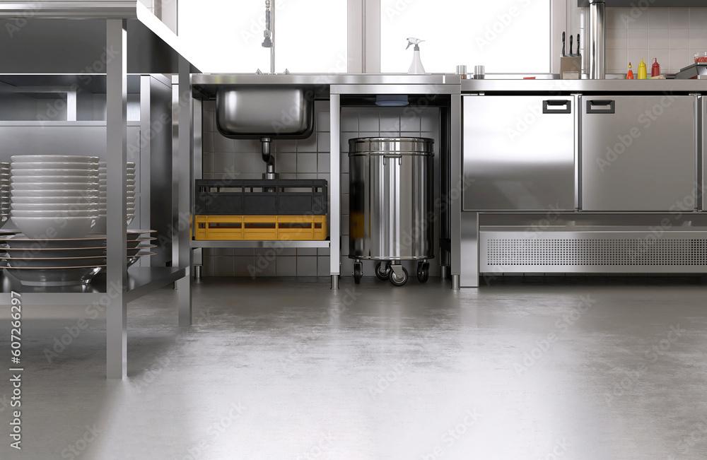 New, clean gray concrete resin vinyl floor in commercial, professional bakery kitchen, stainless steel cabinet, sink, trash bin, machine, equipment. Industrial interior design background 3D New, clean gray concrete resin vinyl floor in commercial, professional bakery kitchen, stainless steel cabinet, sink, trash bin, machine, equipment. Industrial interior design background 3D