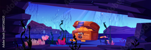 Sea underwater sunken pirate treasure chest cartoon vector background. Ocean under water marine adventure landscape with hidden wooden box of gold money coin. Aquatic ancient fantasy game design