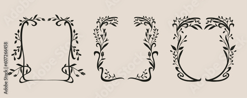 Art nouveau flower frame. Flower and leaf border, branch, wreath, garland decoration. Botanical vector illustration. Vintage antique classic floral graphic element.