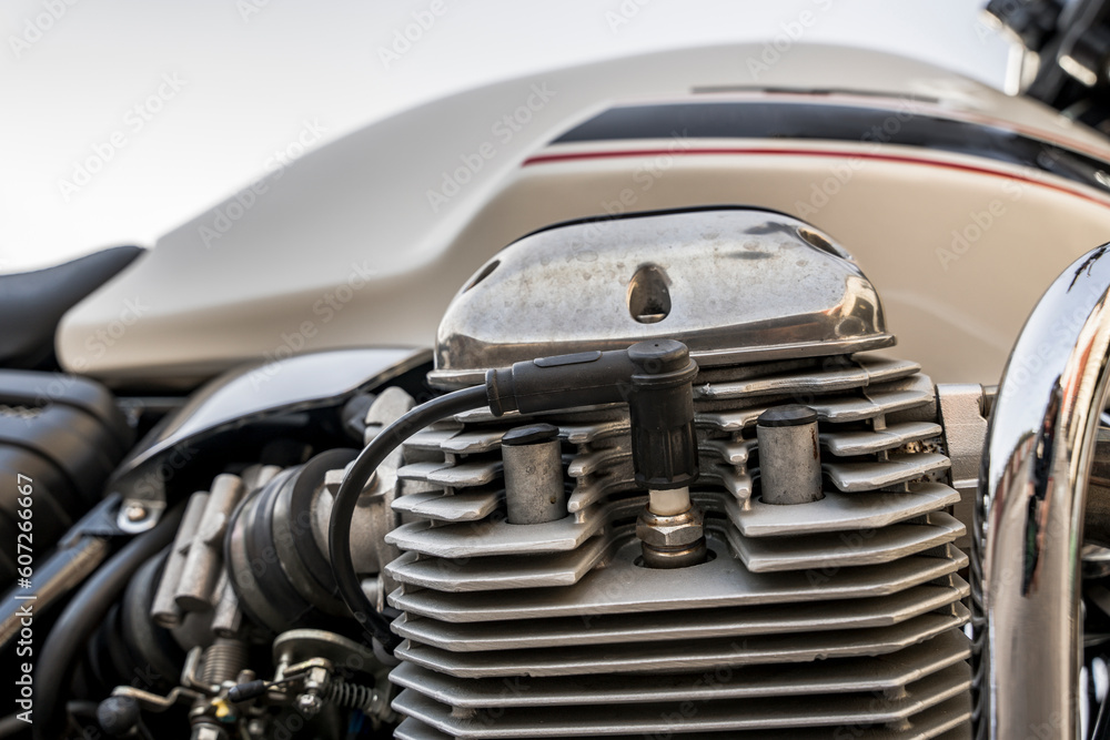 The engine of a classic motorcycle. side view. motor, cylinders,