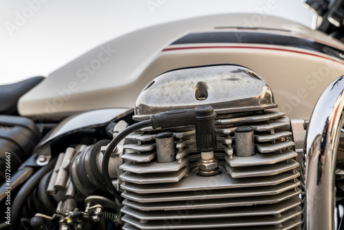 The engine of a classic motorcycle. side view. motor, cylinders,