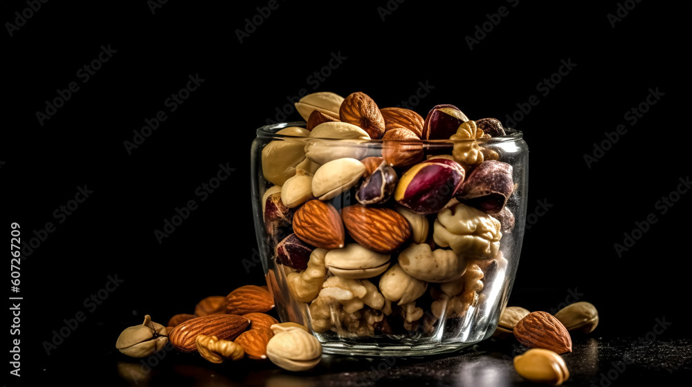 Glass jar with nuts on a black background, generative AI. Glass jar with nuts on a black background, generative AI.