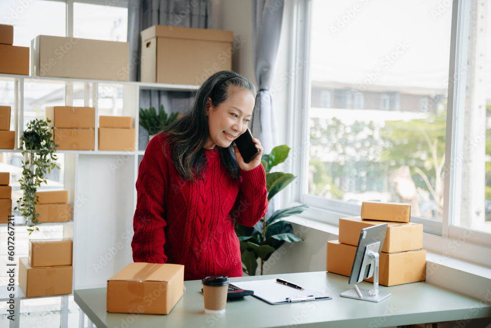 Mature business owner woman prepare parcel box and standing check online orders for deliver to customer on tablet, laptop Shopping Online Mature business owner woman prepare parcel box and standing check online orders for deliver to customer on tablet, laptop Shopping Online