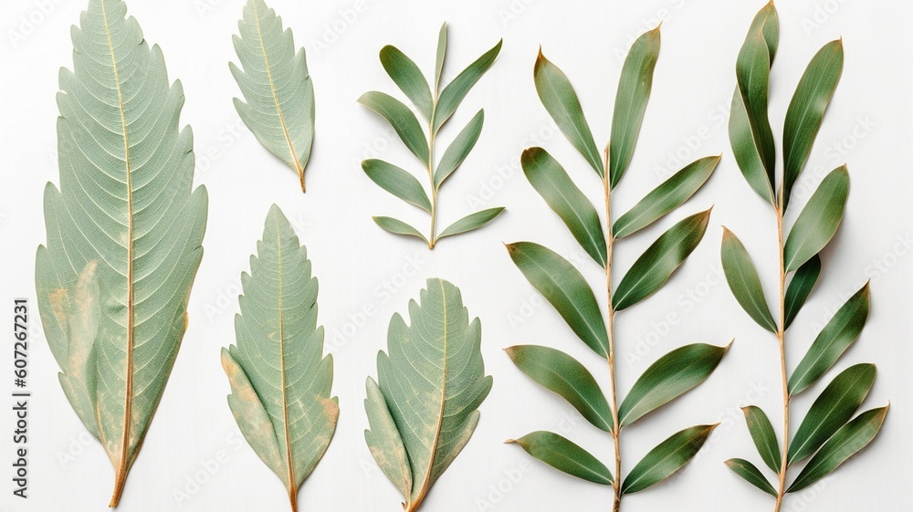 Fototapeta premium collection of shiny green golden dry Protea leaves Generative AI