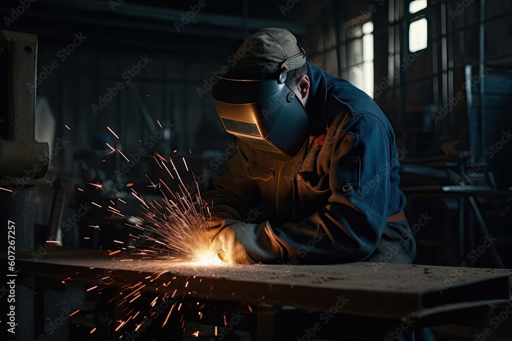 Industrial worker with protective mask welding steel structure in a factory Industrial worker with protective mask welding steel structure in a factory