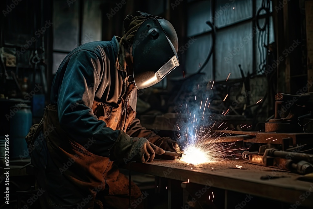 Industrial worker with protective mask welding steel structure in a factory Industrial worker with protective mask welding steel structure in a factory
