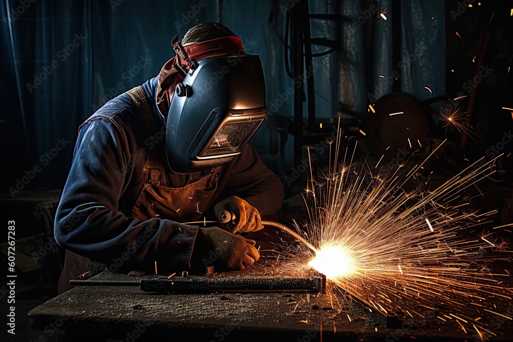 Industrial worker with protective mask welding steel structure in a factory Industrial worker with protective mask welding steel structure in a factory