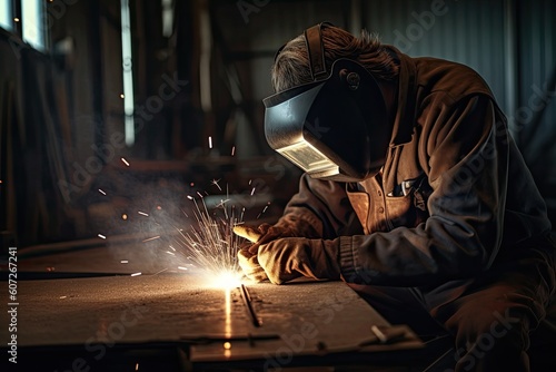Industrial worker with protective mask welding steel structure in a factory