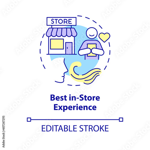 Best in store experience concept icon. Customer engagement. Staff training. Visual merchandising. Satisfied client abstract idea thin line illustration. Isolated outline drawing. Editable stroke