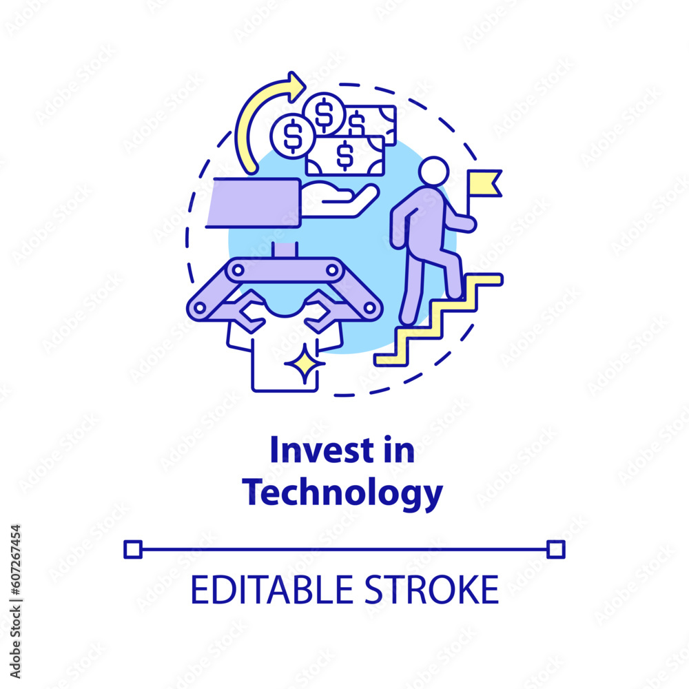 Invest in technology concept icon. Retail industry. Automated process. Contactless payment. Business innovation abstract idea thin line illustration. Isolated outline drawing. Editable stroke Invest in technology concept icon. Retail industry. Automated process. Contactless payment. Business innovation abstract idea thin line illustration. Isolated outline drawing. Editable stroke