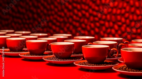Background of coffee cups on a red background, generative AI.