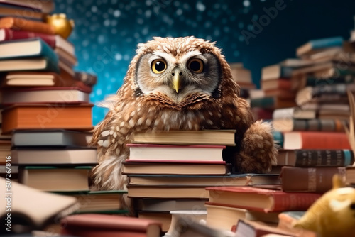 A wise owl bird on the books heap in a library.AI generated.