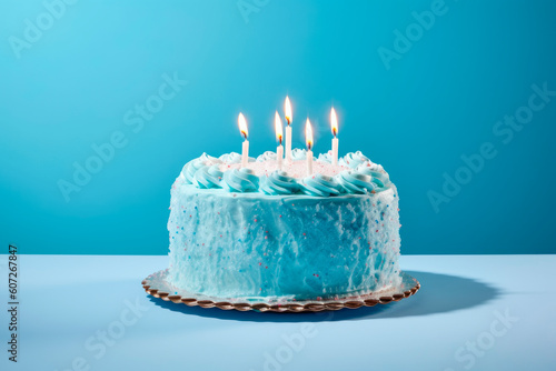 Birthday cake with five sparkling candles on blue background. AI generated