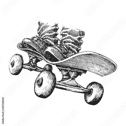 Skateboard, vintage hand drawn sketch in vector