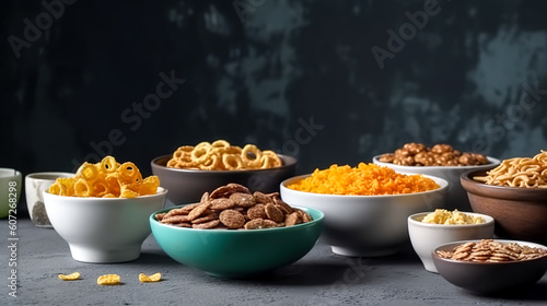 Bowls with muesli and cereals on a blurred background, generative AI.