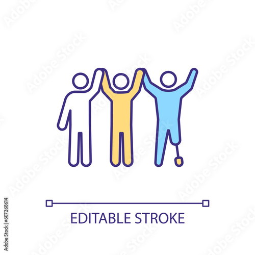 Disability inclusion RGB color icon. Social equality. Corporate culture. Equal rights. People together. Community support. Isolated vector illustration. Simple filled line drawing. Editable stroke