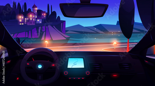 Night coast car ride to village island landscape. Sea view vector mediterranean cartoon background. Inside vehicle dashboard, wheel and navigation screen on way to distant coastal countryside scene.