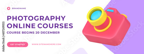 Photography online courses studying shooting picture with camera social media banner 3d icon vector