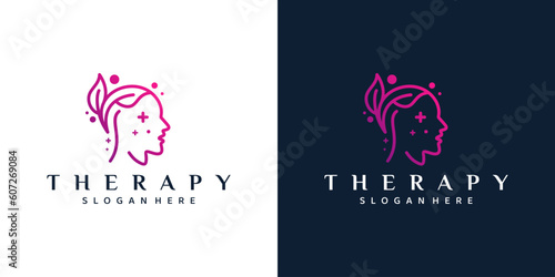 Mental health logo design. Psychotherapy symbol concept. Human head with natural therapy mind graphic design vector illustration.