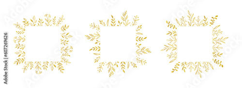Gold floral square border set. Vector golden floral leaf wreath border. Wedding square frame design. Hand drawn rustic flourish elegant rectangle frame. Vector illustration