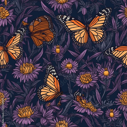 an uninterrupted purple floral pattern featuring the grace of monarch butterflies