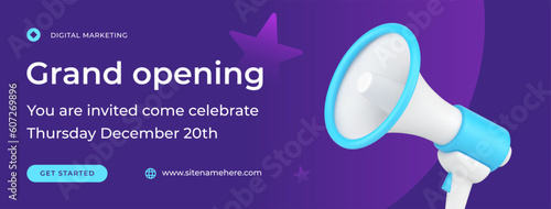 Grand opening event sales beginnings digital invitation social media banner template 3d icon vector
