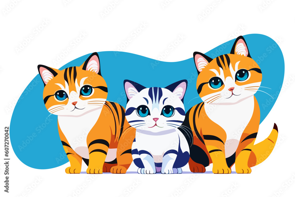 Three cute vector cats on a blue background