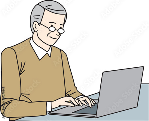 Elderly oriental man using a laptop computer