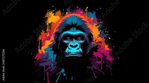 Animal silhouette gorilla , t-shirt design. A beautiful colorful and wonderful creation. Isolated black background. Generative AI