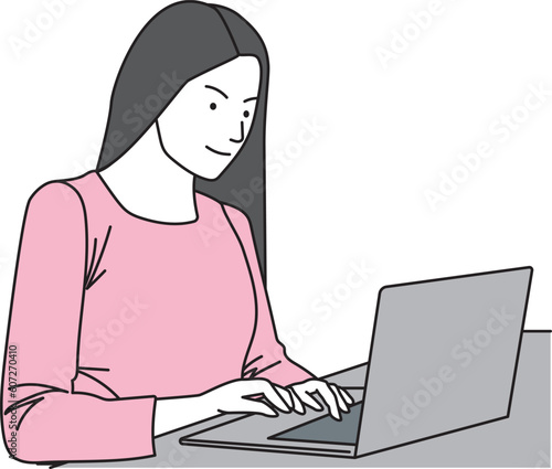 Casually dressed oriental woman using laptop computer