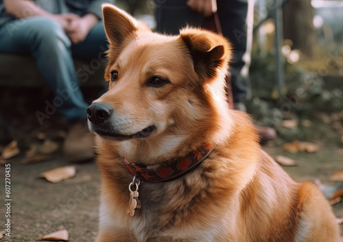 a brown, furry dog sitting outside with a collar, in the style of japanese