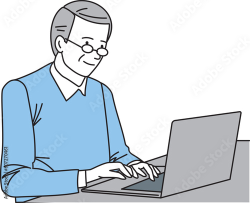Elderly oriental man using a laptop computer