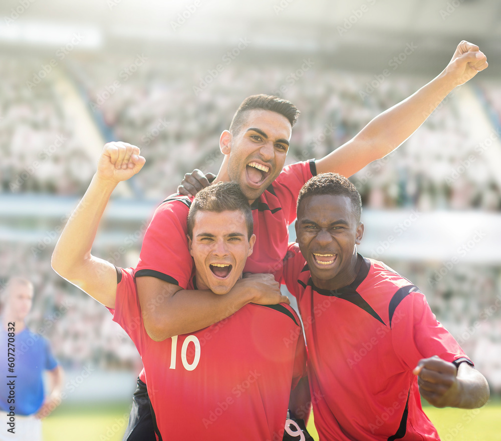 Soccer players celebrating on field - obrazy, fototapety, plakaty 