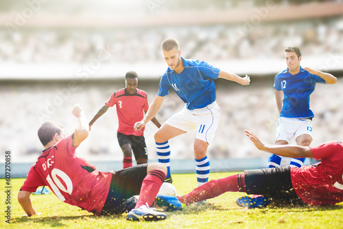 Photography Soccer players sliding on field