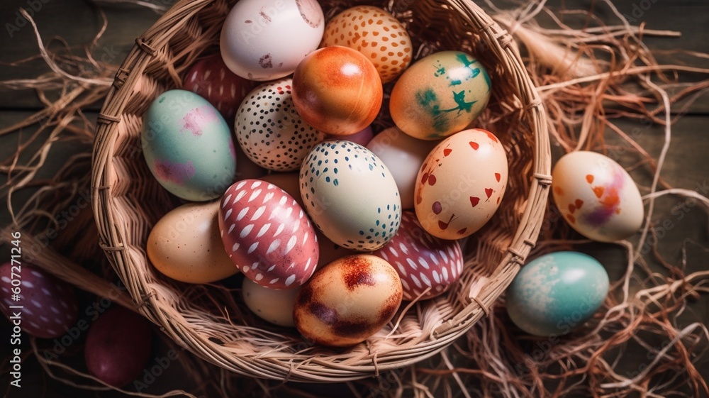 Easter background with Easter eggs in the basket Generative AI Easter background with Easter eggs in the basket Generative AI