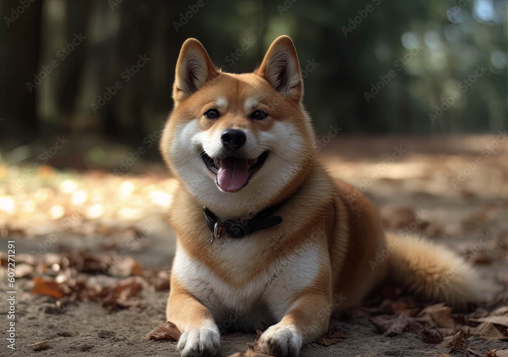 an shiba nigai is sitting on the ground and is smiling