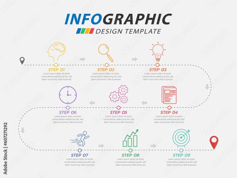 Infographic design template. Timeline concept with 9 options or steps template. layout, diagram, annual, pin location, start up, report, presentation. Vector illustration. Infographic design template. Timeline concept with 9 options or steps template. layout, diagram, annual, pin location, start up, report, presentation. Vector illustration.